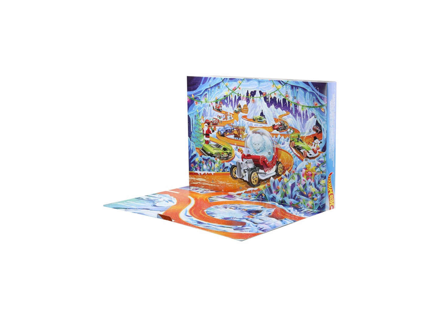 Hot Wheels 2026 Advent Calendar with 10 toy vehicles, featuring colorful pop-up play scene and orange race track