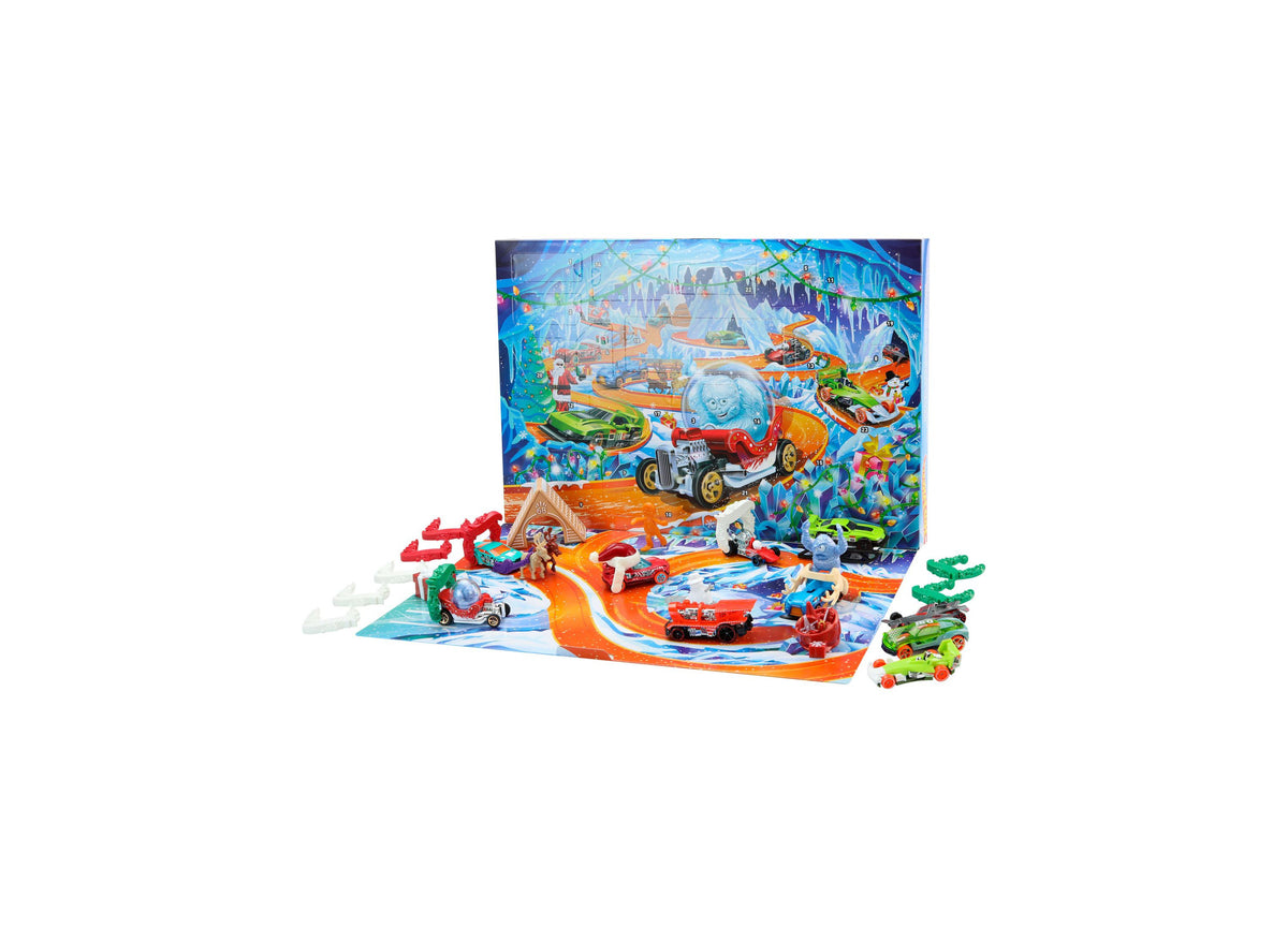 Hot Wheels 2026 Advent Calendar with 10 toy vehicles, colorful racing track playset with orange ramp and die-cast cars