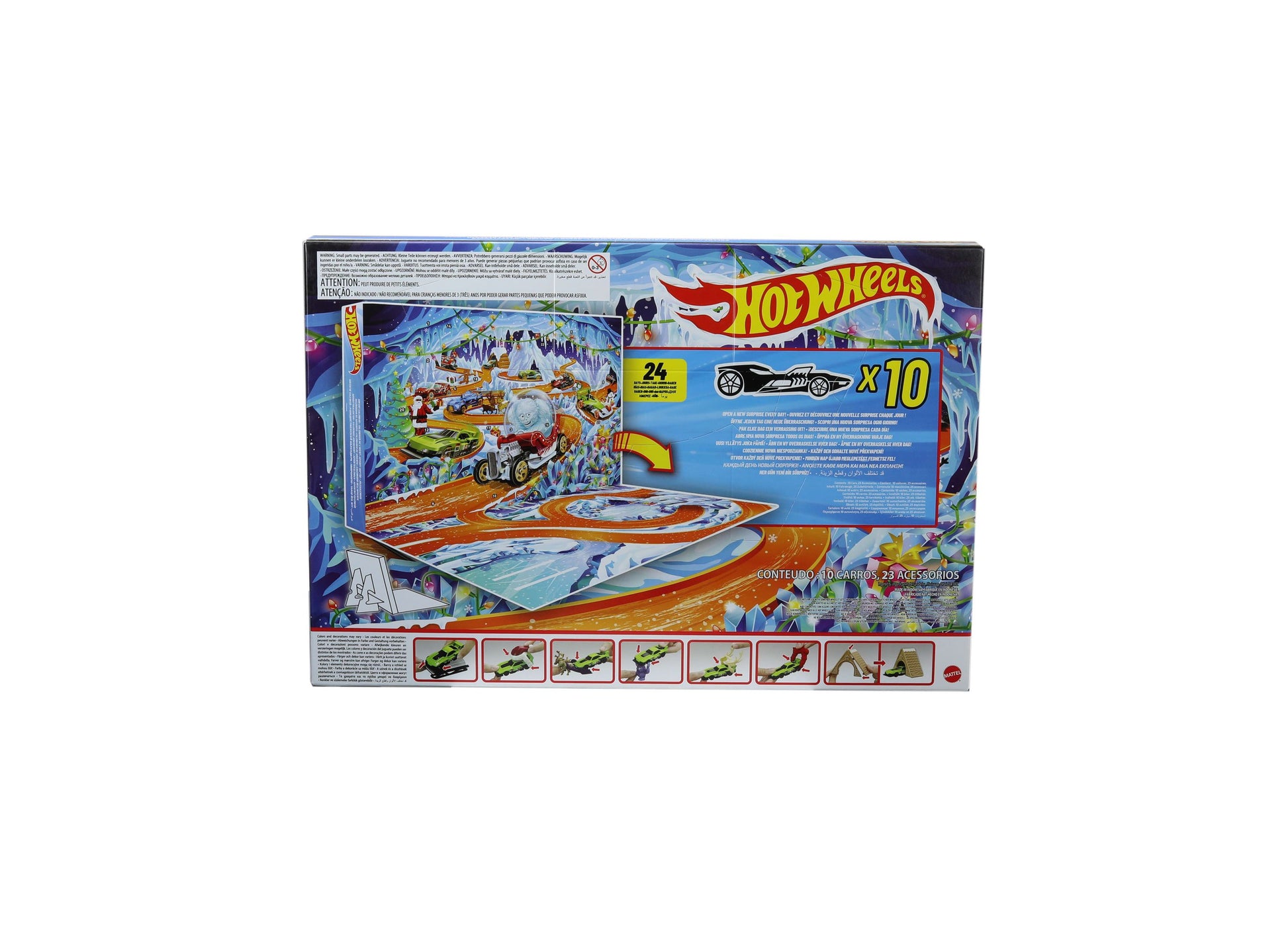 Hot Wheels 2026 Advent Calendar with 10 toy vehicles and accessories, featuring colorful winter-themed track set