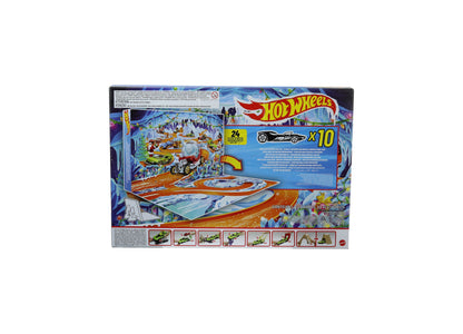 Hot Wheels 2026 Advent Calendar with 10 toy vehicles and accessories, featuring colorful winter-themed track set