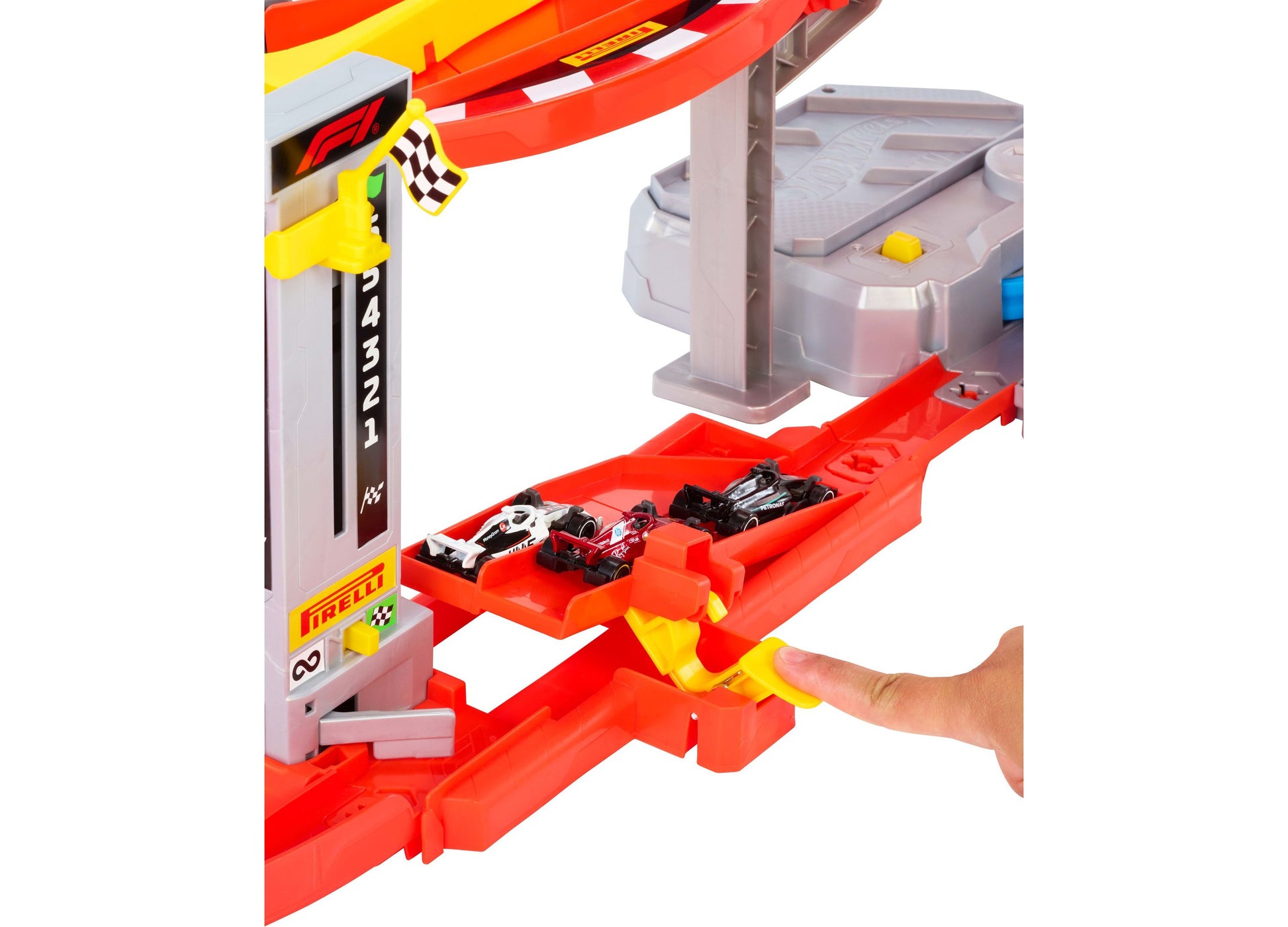 Hot Wheels Formula 1 Downhill Circuit Race Track Set with 3 die-cast cars and red track