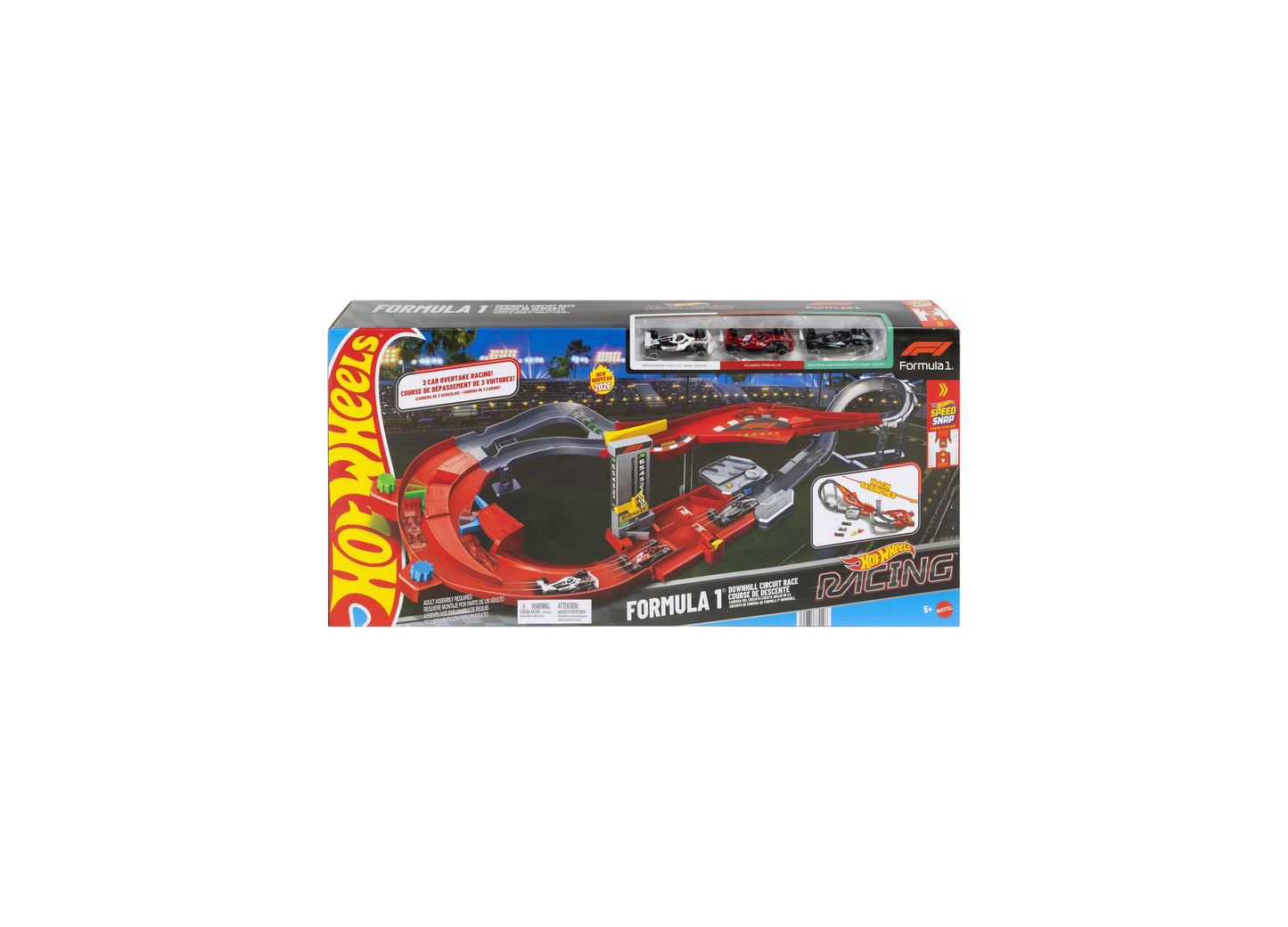 Hot Wheels Formula 1 Circuit Race Track Set with red track, 3 die-cast cars, and controller
