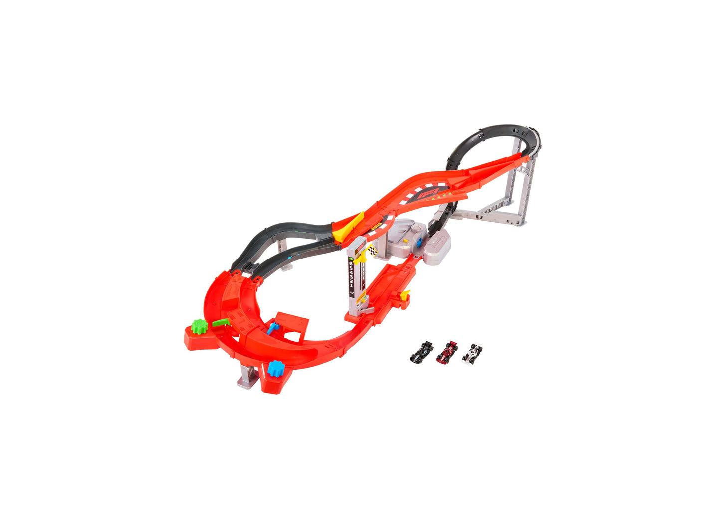 Hot Wheels Formula 1 Downhill Circuit Race Track Set with red track, launcher, and 3 die-cast cars