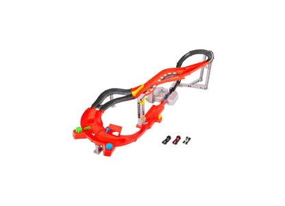 Hot Wheels Formula 1 Downhill Circuit Race Track Set with red track, launcher, and 3 die-cast cars