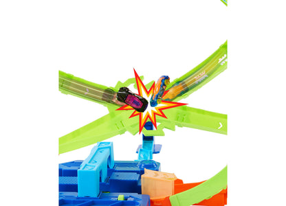 Hot Wheels Hypersphere Crash Dual-Loop Track Playset with green track loops, blue base, and 1:64 scale car colliding