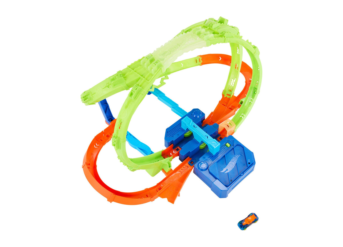 Hot Wheels Hypersphere Crash Dual-Loop Track Playset with green and orange looping track, blue launcher base, and ora...
