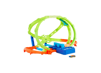 Hot Wheels Hypersphere Crash Dual-Loop Track Playset with green loops, orange and blue track sections, and included 1...