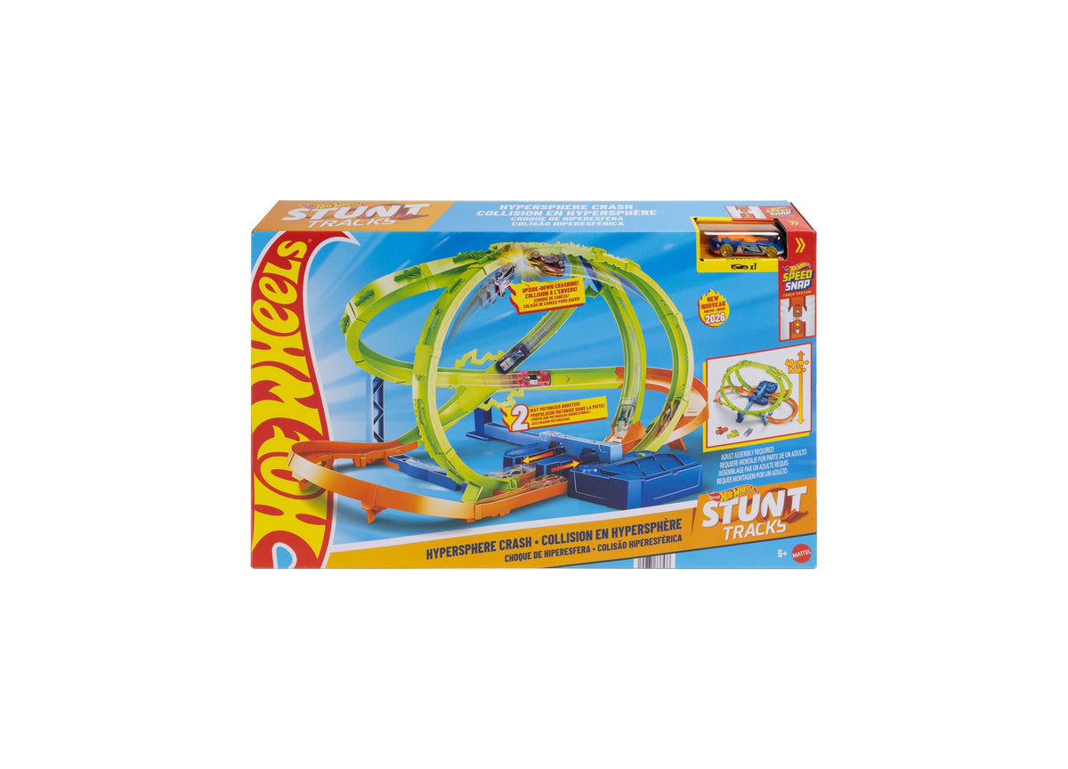 Hot Wheels Stunt Tracks Hypersphere Crash playset with green and orange dual-loop track configuration and blue base