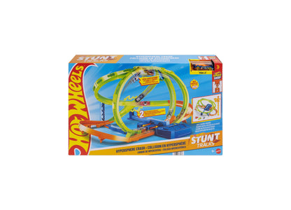 Hot Wheels Stunt Tracks Hypersphere Crash playset with green and orange dual-loop track configuration and blue base
