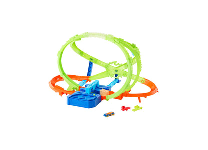 Hot Wheels Hypersphere Crash Dual-Loop Track Playset with green loops, orange track sections, blue base station, and ...