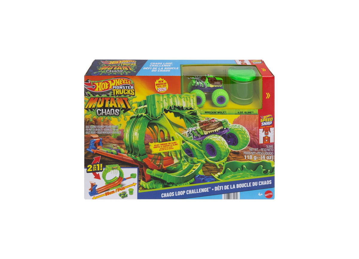 Hot Wheels Monster Trucks Mutant Chaos Loop Challenge playset with green slime and Wreckin' Wolf truck