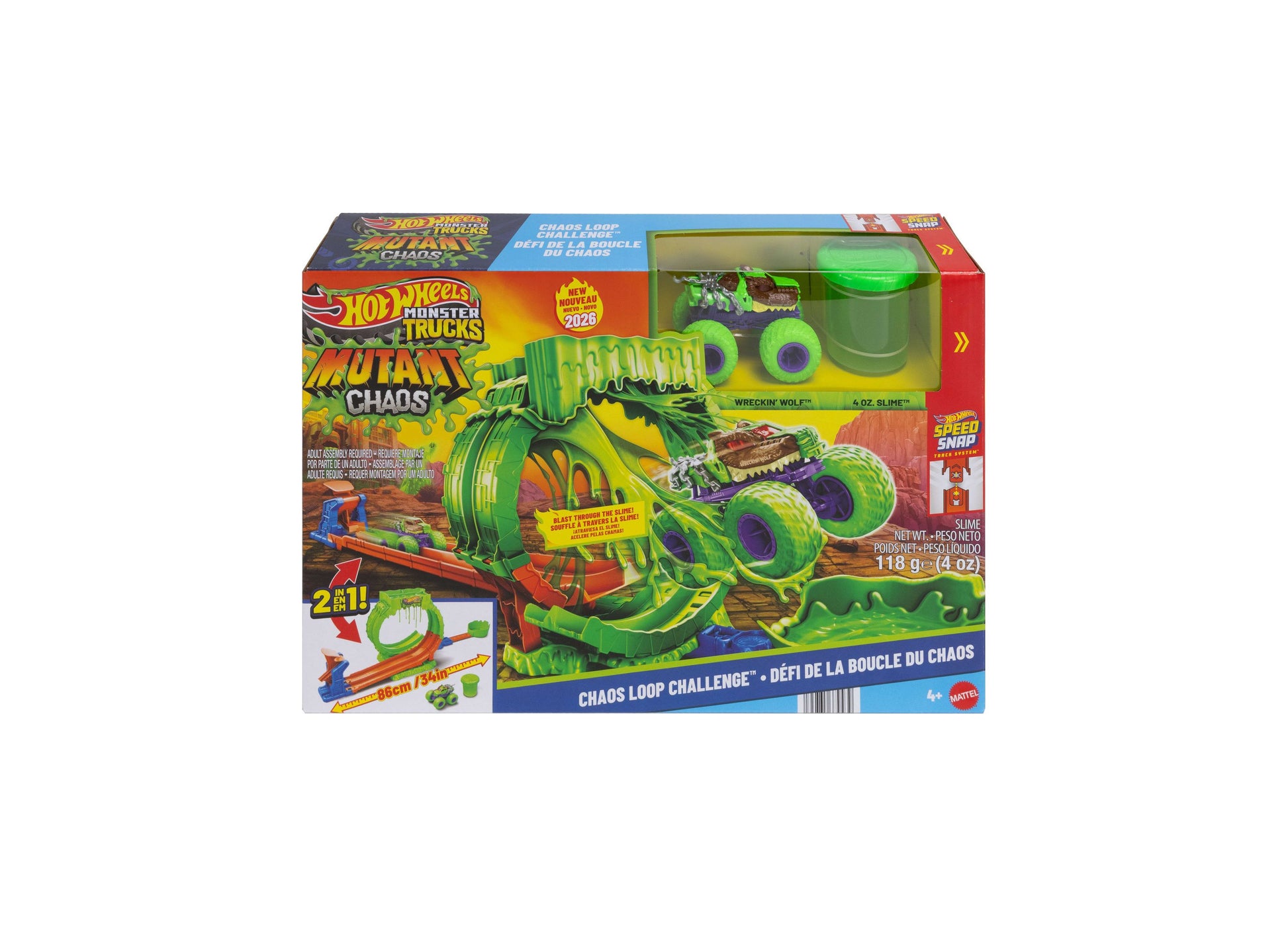 Hot Wheels Monster Trucks Mutant Chaos Loop Challenge playset with green slime and Wreckin' Wolf truck