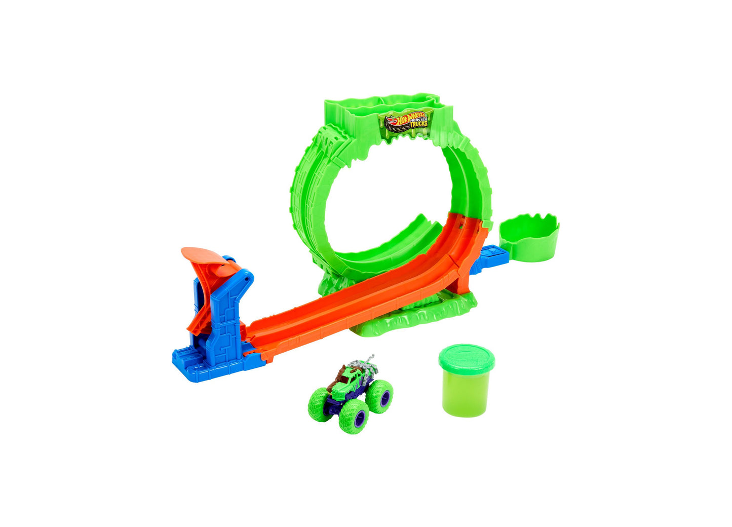 Hot Wheels Monster Trucks Mutant Chaos Loop Challenge Playset with green loop track, launcher, and slime