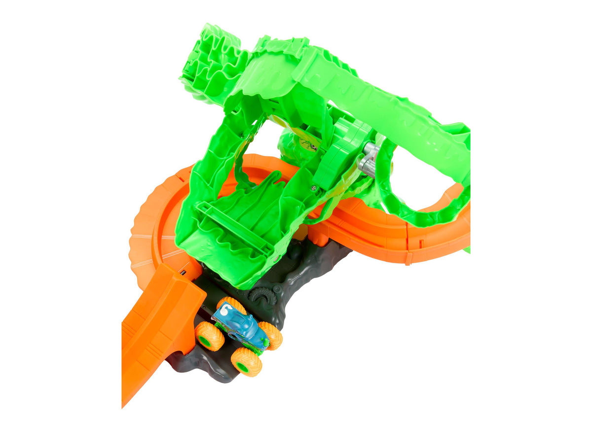 Hot Wheels Mutant Monster Takedown Playset with green monster jaws and orange track