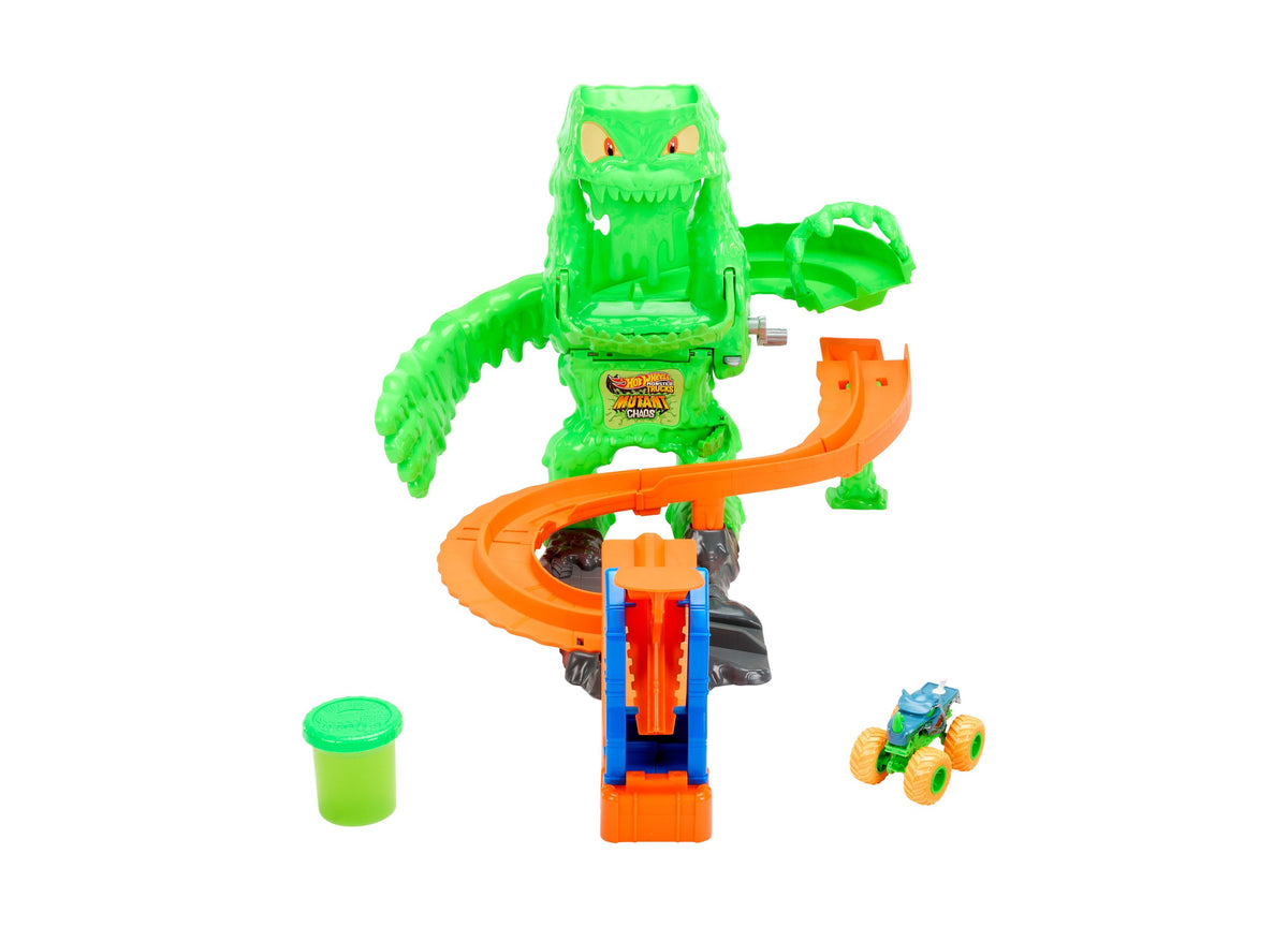 Hot Wheels Mutant Monster Takedown Playset with green monster truck, orange track, and small vehicle