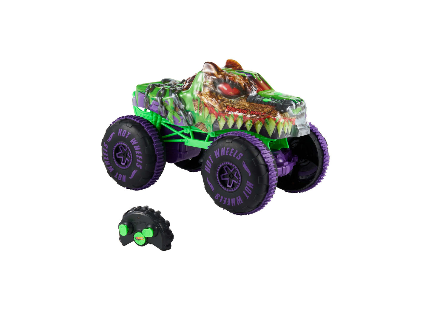 Hot Wheels Mutant Chaos Wreckin' Wolf RC monster truck with green and purple wheels