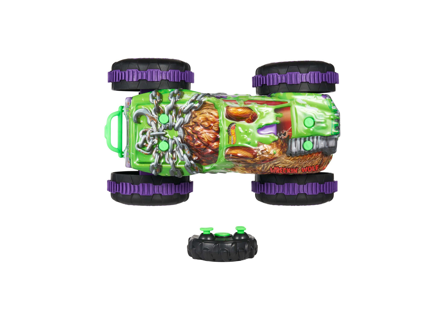 Hot Wheels Wreckin' Wolf RC monster truck in green with purple accents and remote control