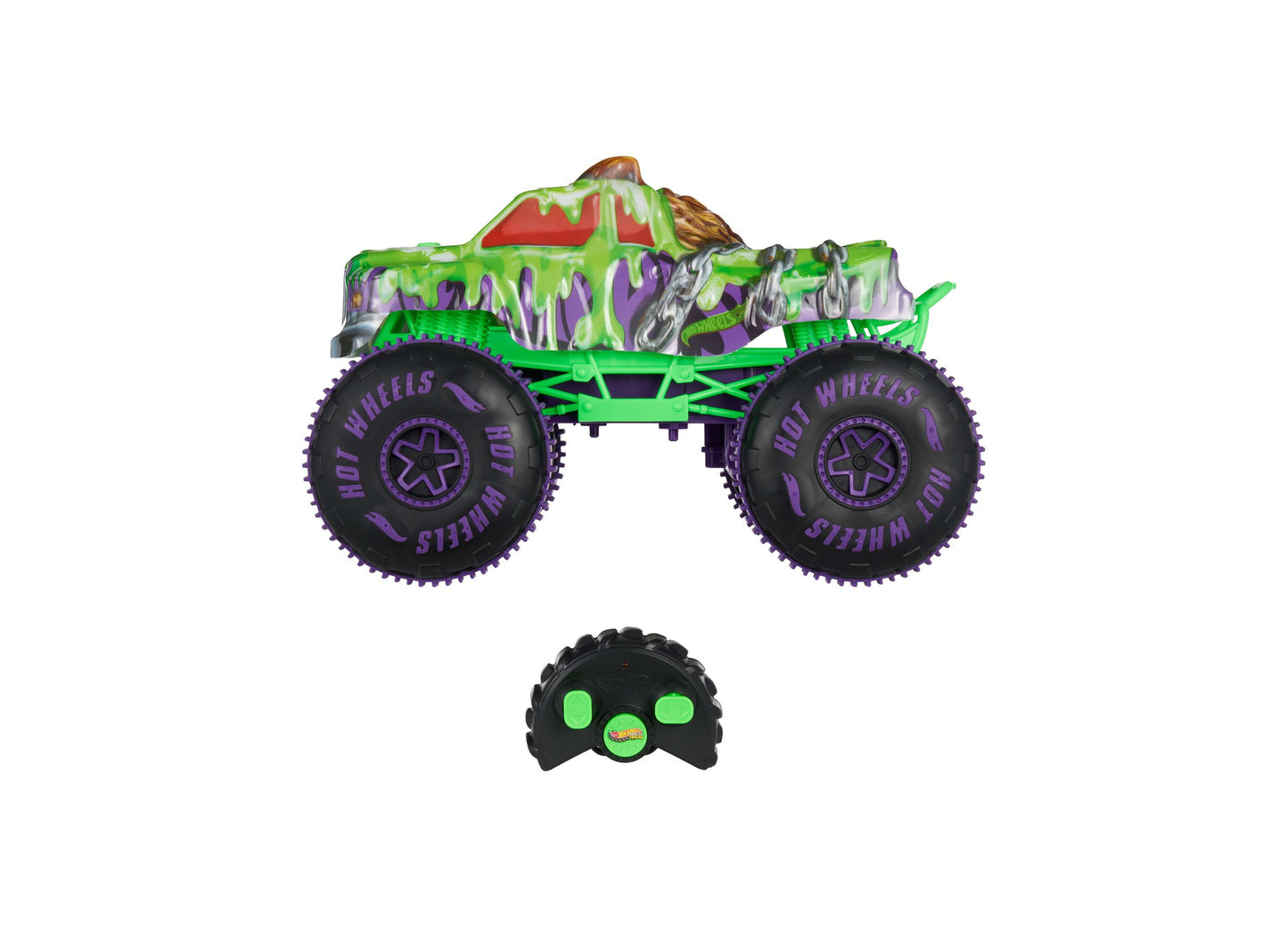 Hot Wheels Mutant Chaos Wreckin' Wolf RC monster truck with green and purple design
