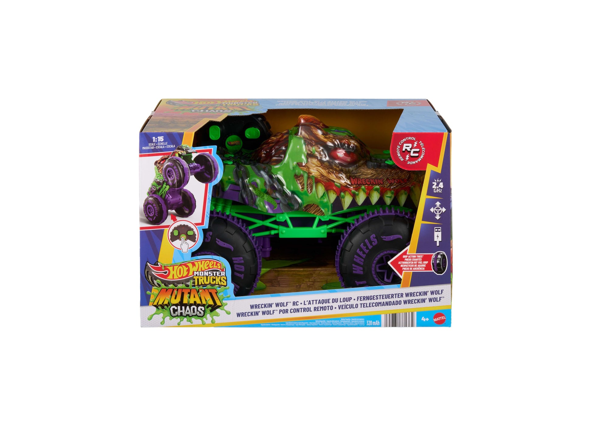 Hot Wheels Mutant Chaos Wreckin' Wolf RC Monster Truck 1:15 scale with green and purple design
