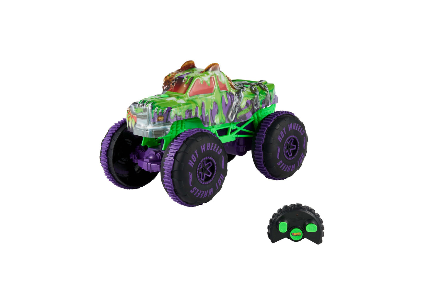 Hot Wheels Mutant Chaos Wreckin' Wolf RC monster truck in green and purple with large wheels and remote control