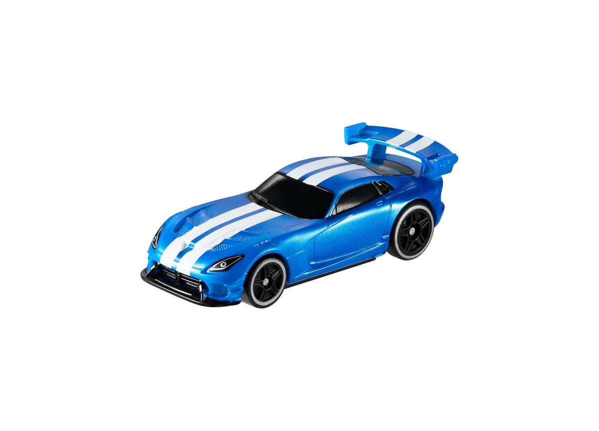 Hot Wheels 1:64 Scale Dodge Viper ACR remote-control toy car in blue with white racing stripes and rear wing