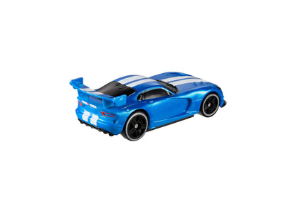Blue Hot Wheels 1:64 scale Dodge Viper ACR remote-control toy car with white racing stripes and black wheels
