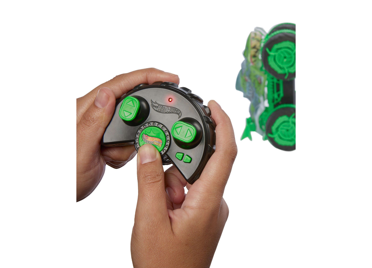 Hot Wheels RC Monster Truck remote control with green buttons and gray design