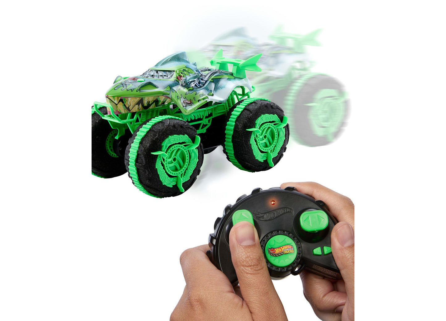 Hot Wheels Monster Trucks Great Bite RC car in neon green with remote control