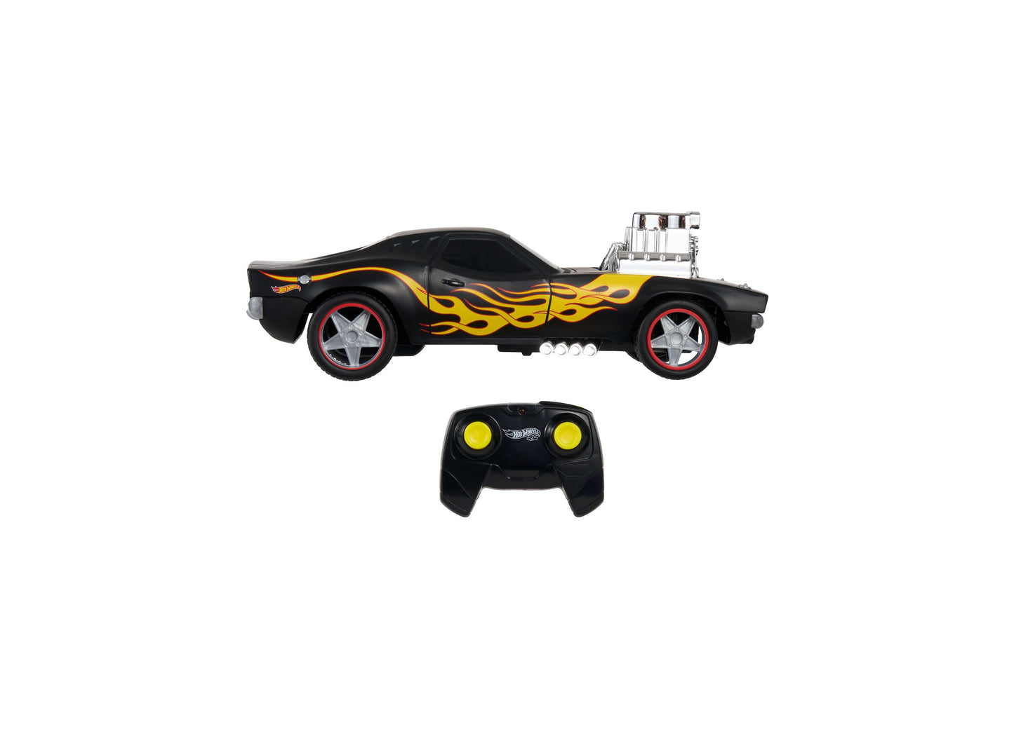 Hot Wheels Rodger Dodger RC car, black with yellow flames, remote control included