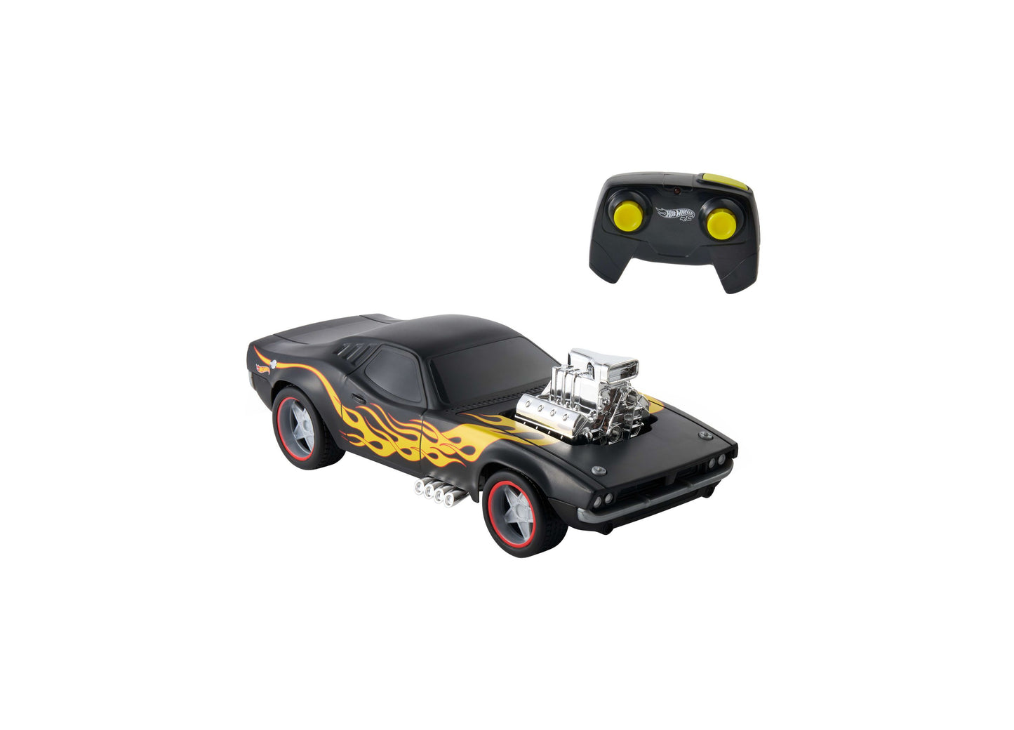 Hot Wheels 1:16 Scale Rodger Dodger RC Car with booster button, black with yellow flames and chrome engine