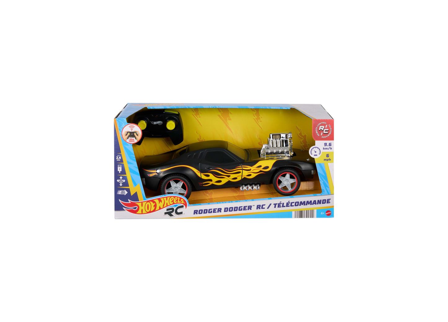 Hot Wheels Rodger Dodger RC car, black with yellow flames, remote control included