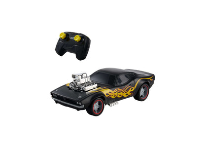 Hot Wheels 1:16 Scale Rodger Dodger RC Car with yellow and black flame design, remote control, and booster button