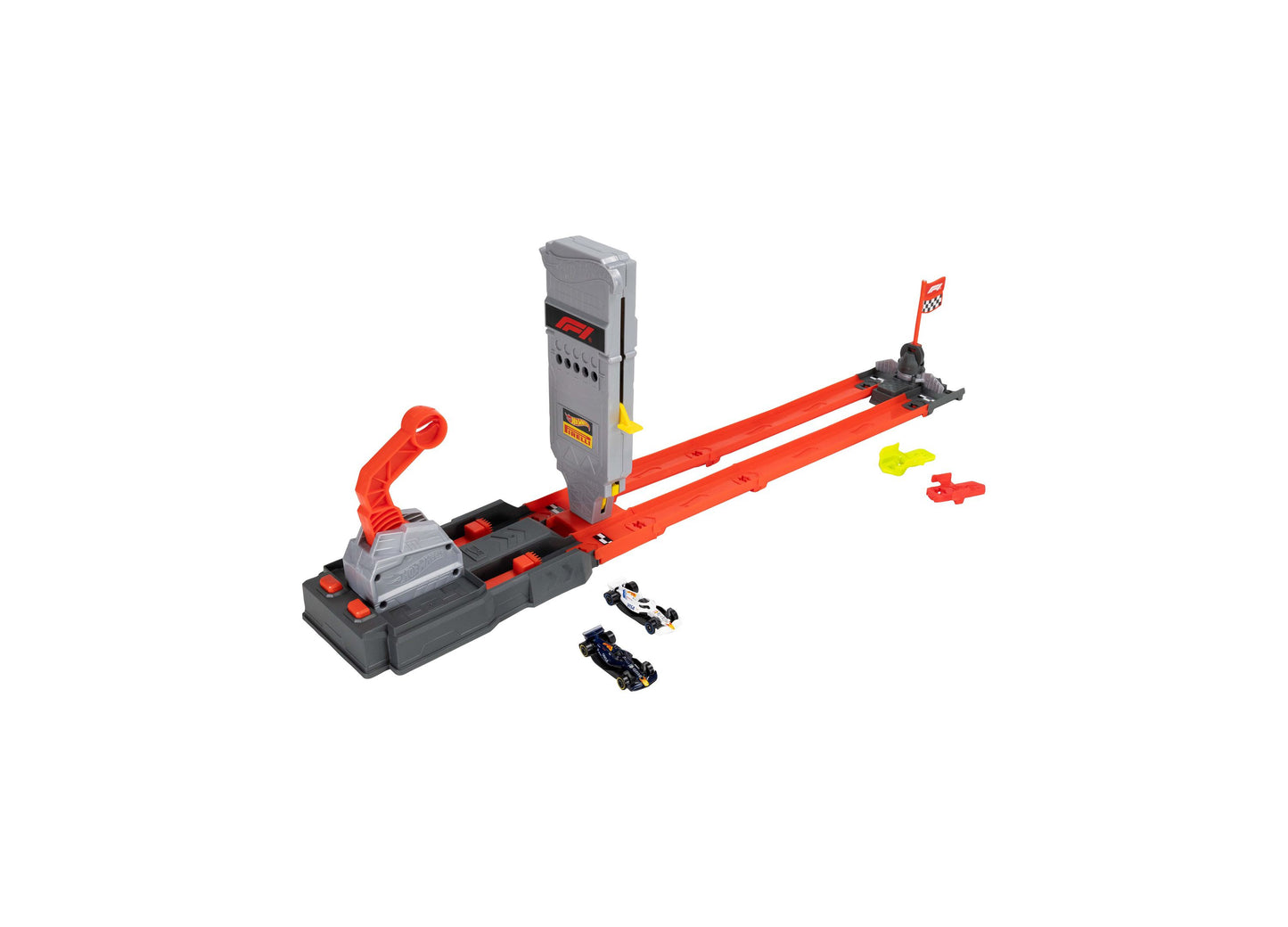 Hot Wheels 1:64 Scale Formula 1 Grid Start Track Set with red track, launcher, and two die-cast cars