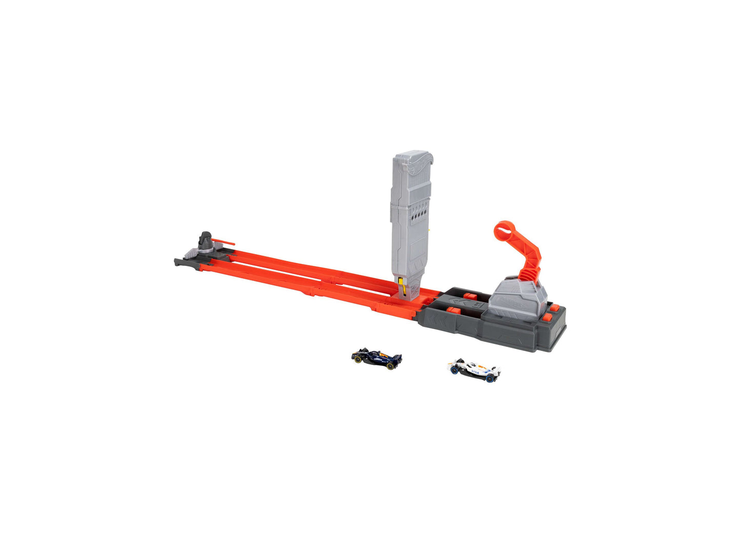 Hot Wheels 1:64 Formula 1 Grid Start Track Set with red track, gray tower, and two die-cast cars