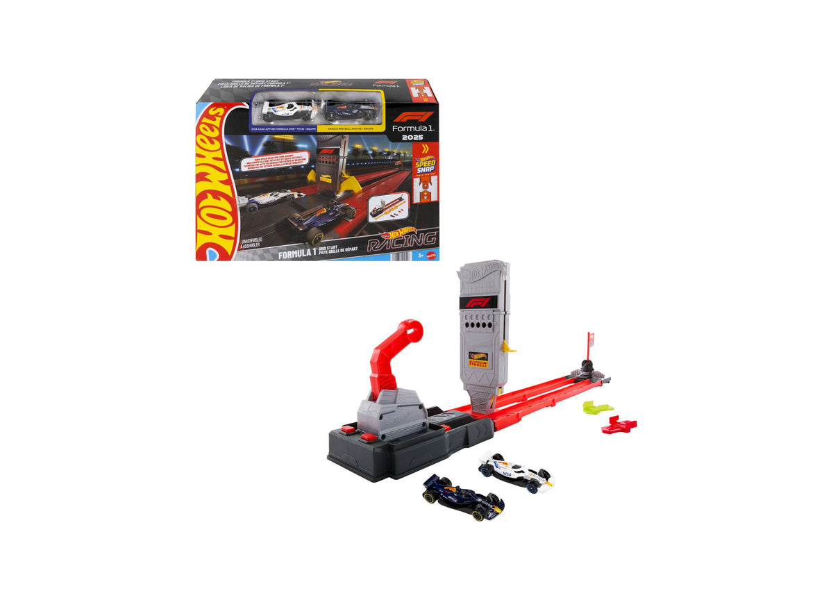 Hot Wheels Formula 1 Grid Start Track Set with red launcher, gray pit tower, and three 1:64 scale race cars