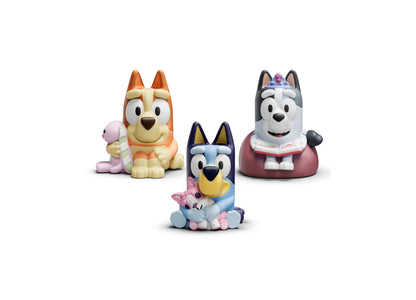Tonies Bluey 3-Piece Figurine Set with orange, blue, and gray dog characters for imaginative play