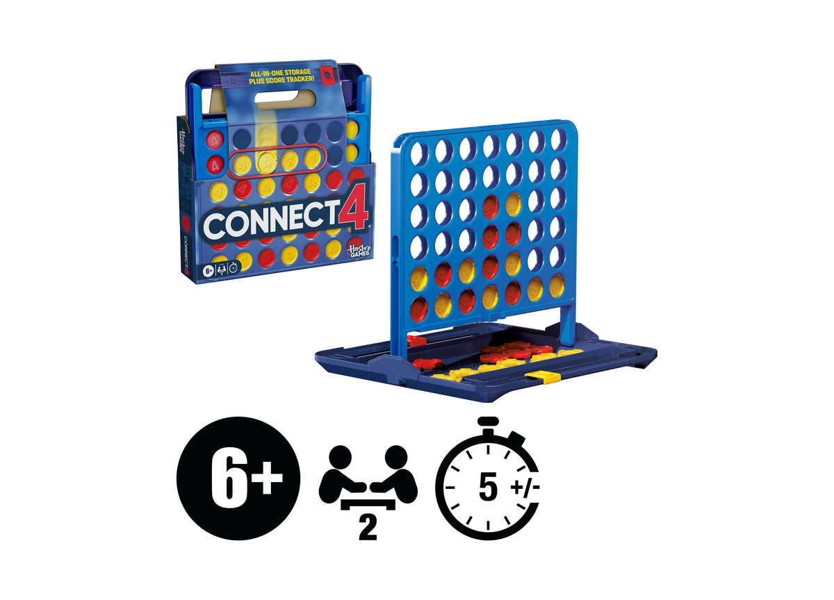 Hasbro Gaming Connect 4 board game with blue grid, red and yellow pieces, portable storage case