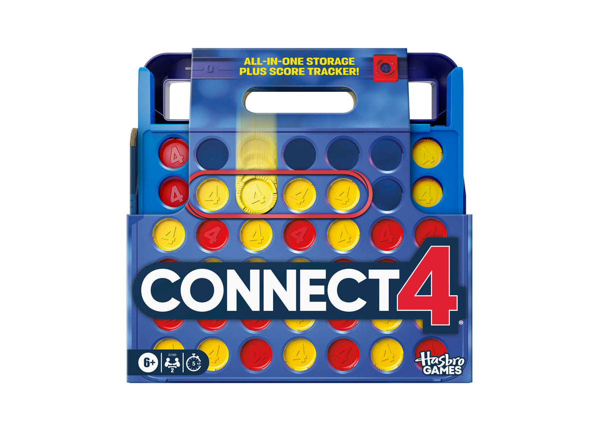 Hasbro Gaming Connect 4 board game with blue grid, red and yellow checkers, and built-in score tracker storage