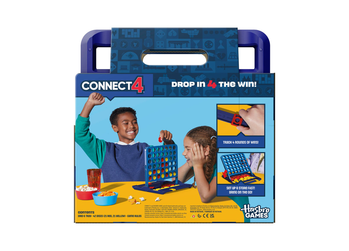 Hasbro Gaming Connect 4 board game package with blue grid, game pieces, and two children playing