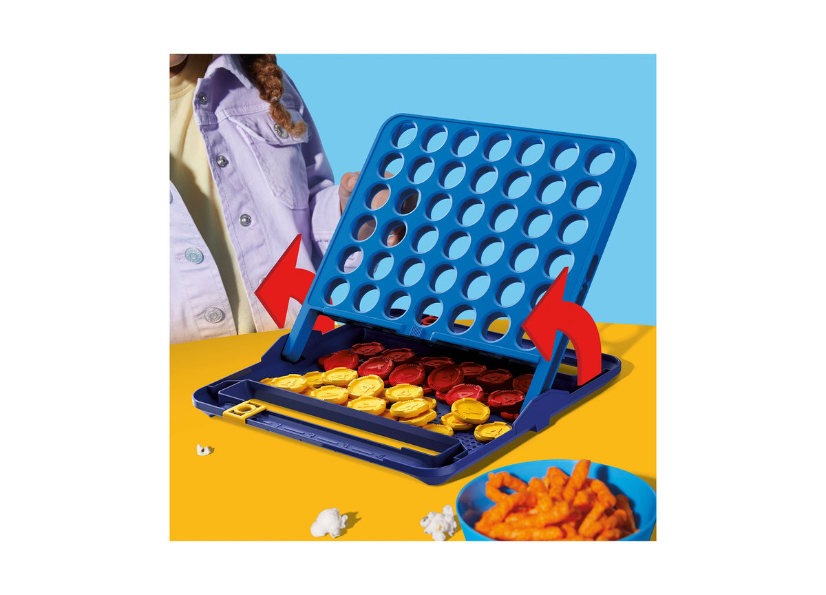 Hasbro Gaming Connect 4 board game with blue grid, red and yellow pieces, tilted frame