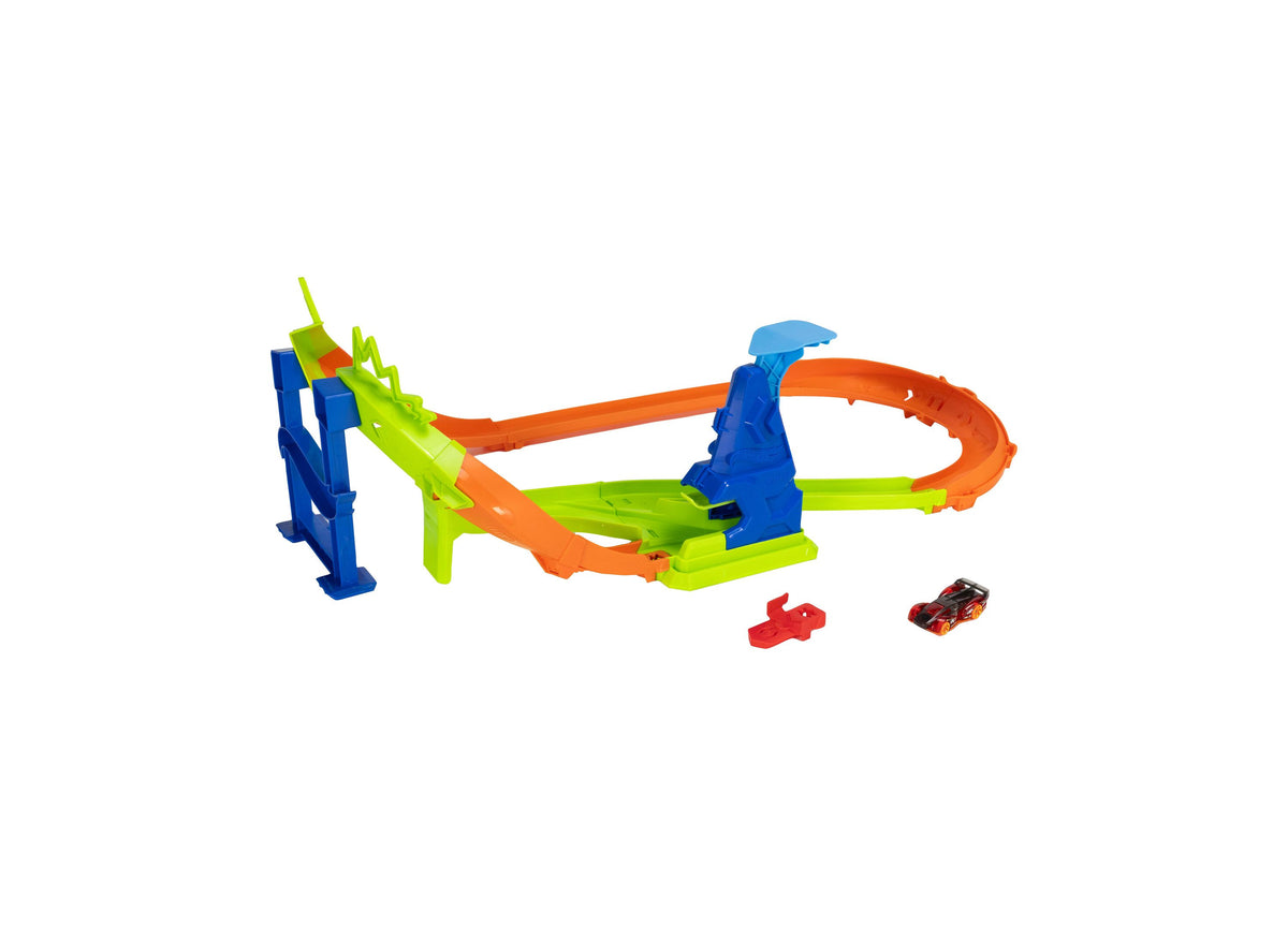 Hot Wheels Jump Circuit Speedway Track Set with blue, green, and orange track pieces, launcher, and die-cast car