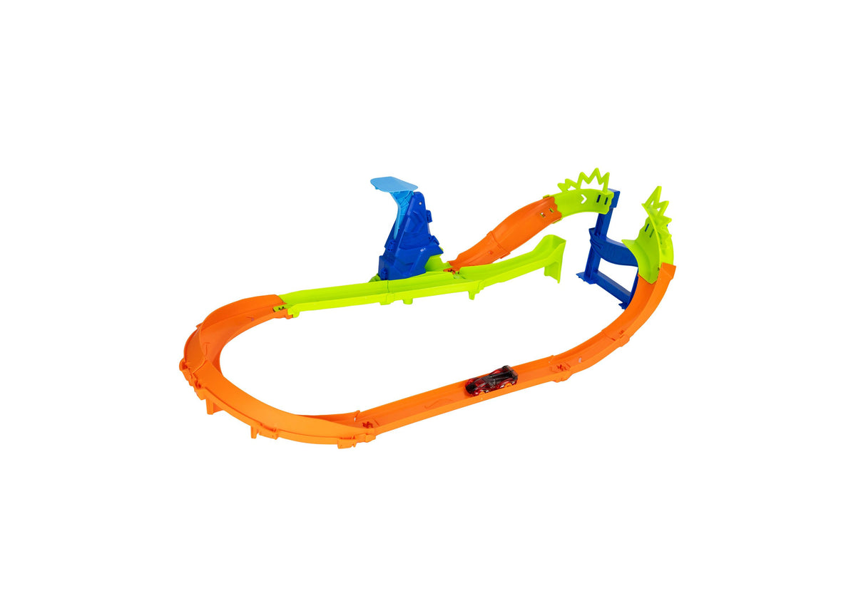 Hot Wheels Jump Circuit Speedway Track Set with orange curved track, lime green ramp, blue launchers, and die-cast car