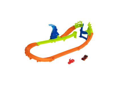 Hot Wheels Jump Circuit Speedway Track Set with orange curved track, green ramp, blue launcher, and included die-cast...