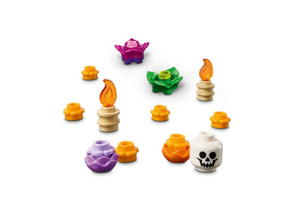 LEGO Día De Los Muertos Altar of the Dead 40811 set with colorful pieces including flames, skulls, and decorative ele...