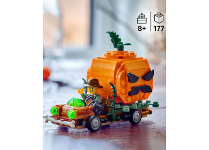 LEGO Halloween Jack-O'-Lantern Pickup Truck 40822 with orange pumpkin, minifigure, and green wheels