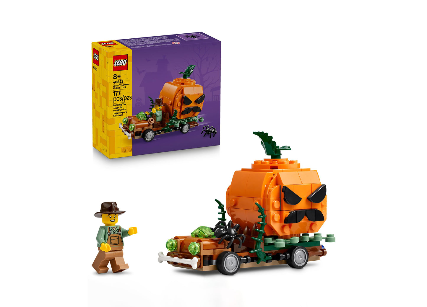 LEGO Halloween Jack-O'-Lantern Pickup Truck 40822 building set with orange pumpkin truck, minifigure, and spider