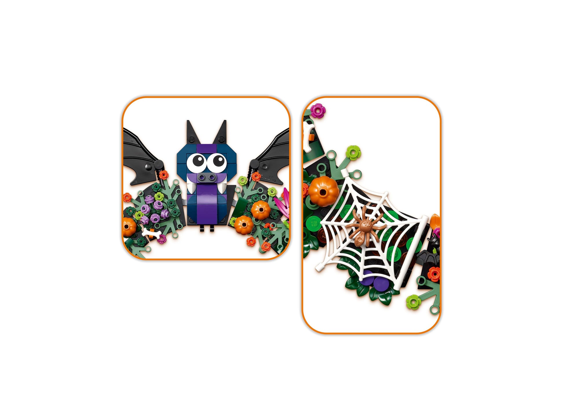 LEGO Halloween Wreath 40825 building set with bat character, spider web, and colorful flowers