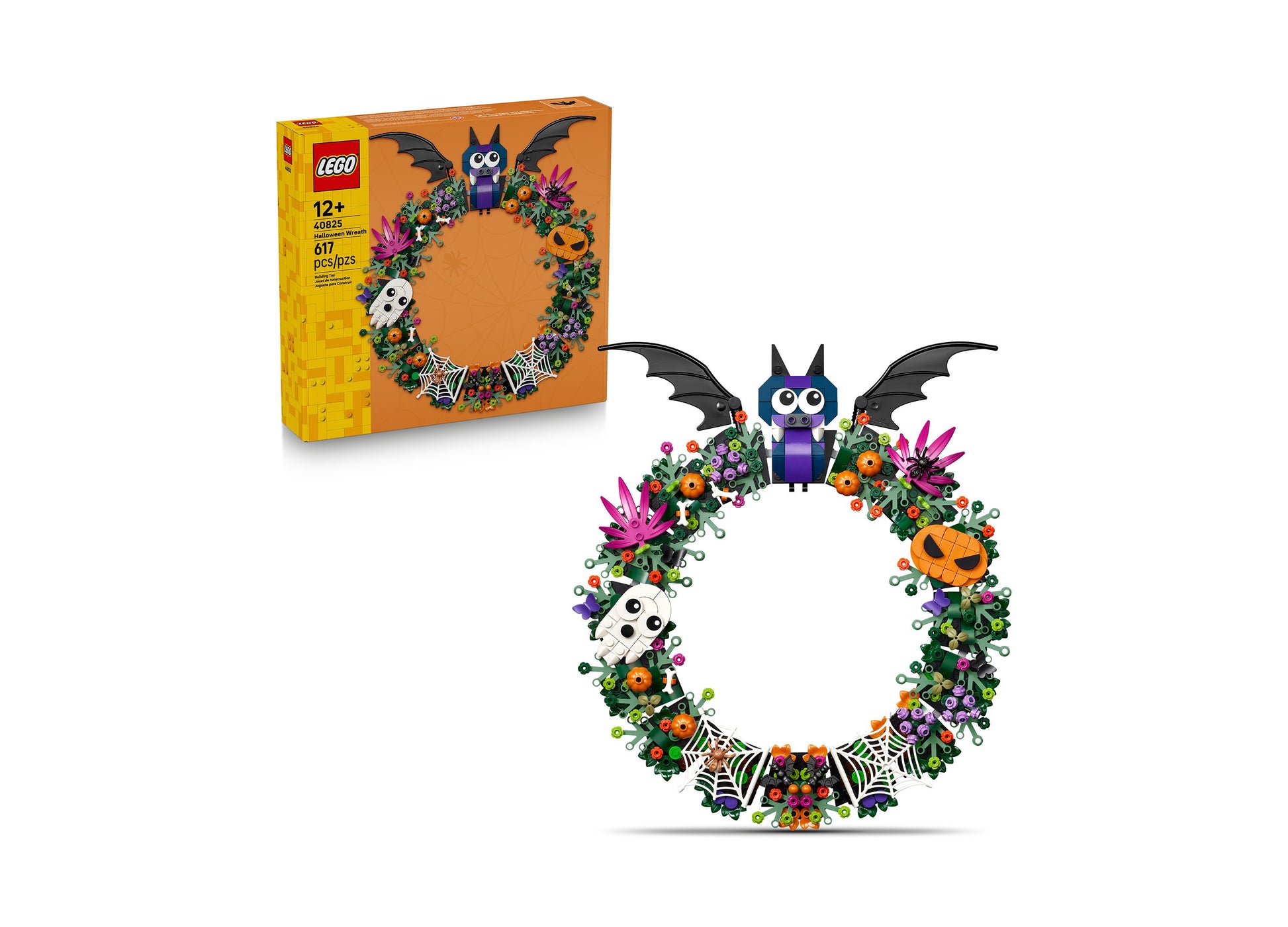 LEGO Halloween Wreath 40825 building set with purple bat, ghost, jack-o'-lantern, and colorful flowers