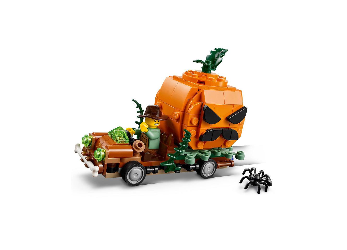 LEGO Halloween Jack-O'-Lantern Pickup Truck 40822 orange building set with minifigure and spider