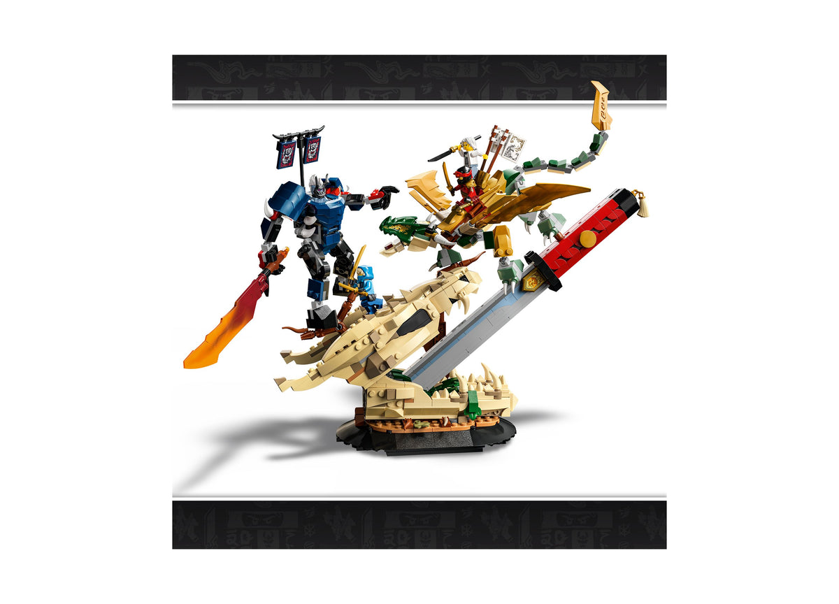 LEGO NINJAGO Battle at the Dragon's Blade 71871 set with blue ninja, red vehicle, and gold dragon on display base